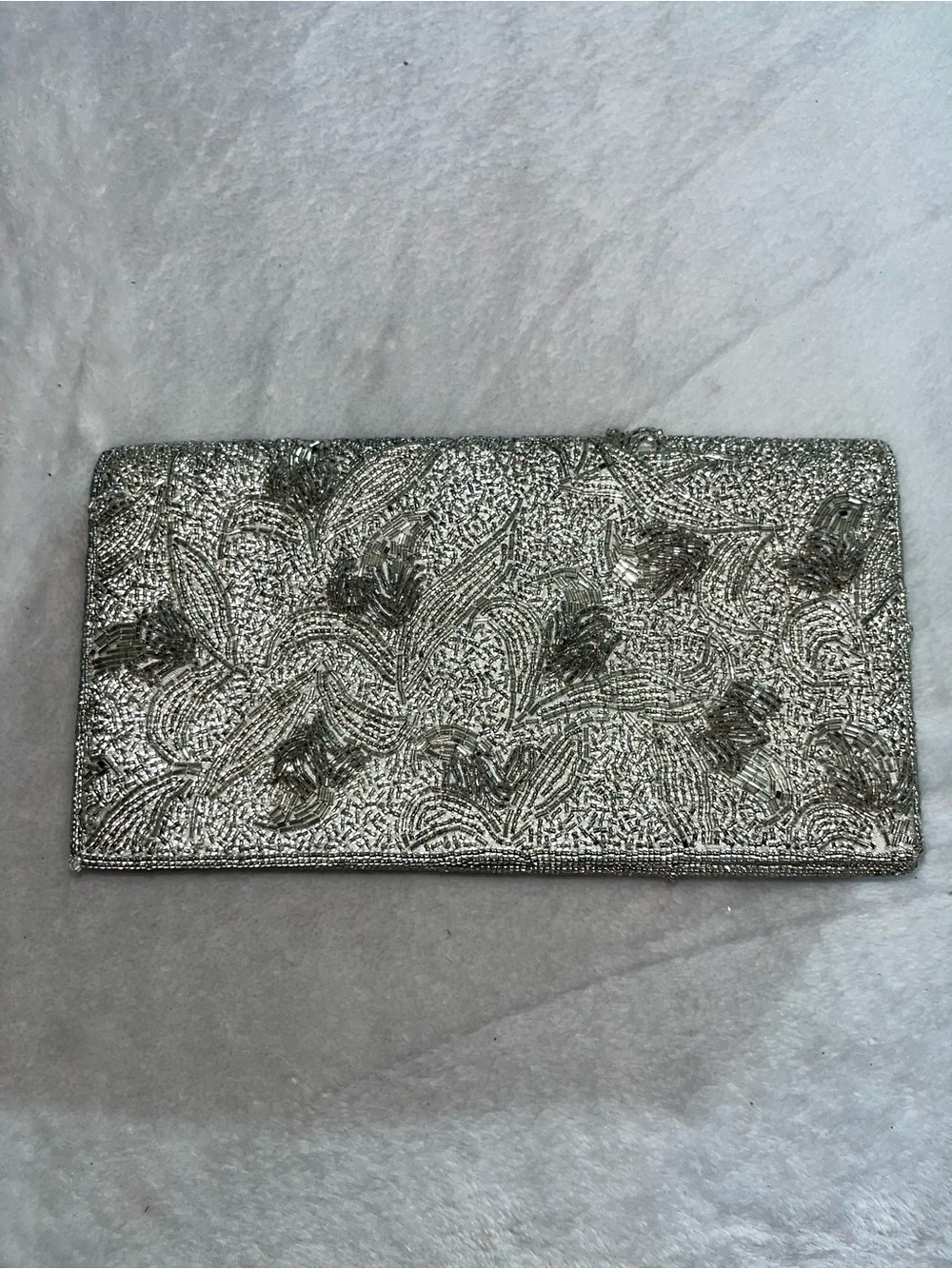 Beautiful Silk Vintage Fully Beaded Silver Evening Hand Bag Clutch Snap Closure